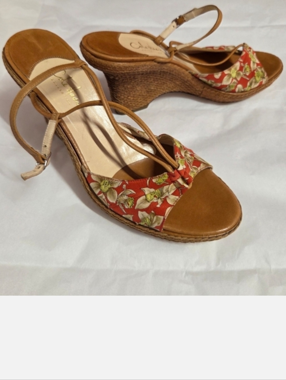 Cole Haan Fabric & Raffia Wedge Heel Sandals, Size 9B, Tan/Red/White, NWOT